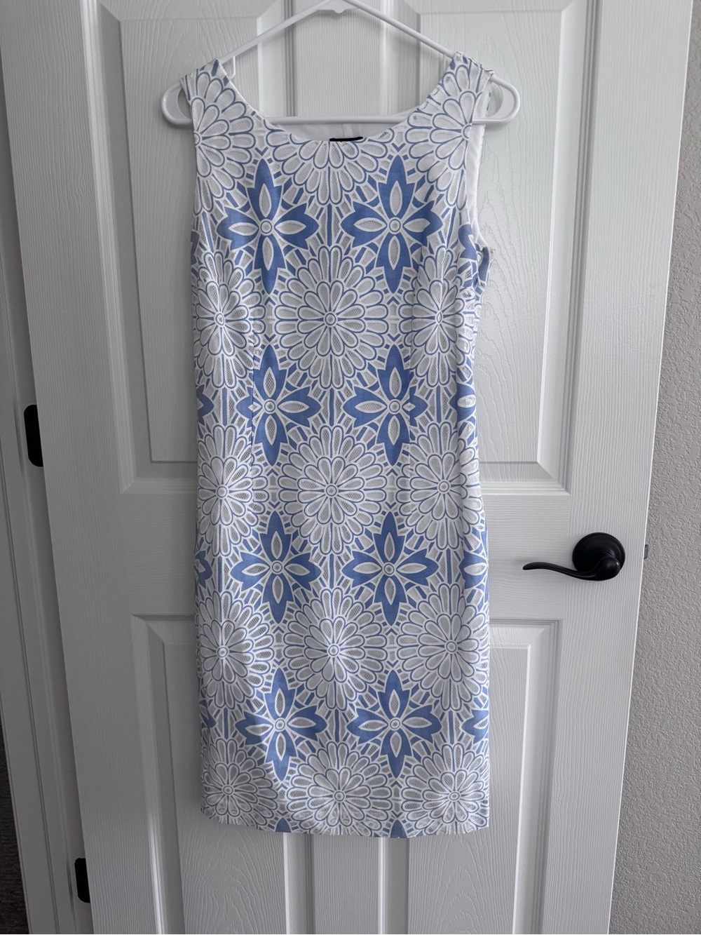 Sleeveless Blue & White Floral Sheath Dress